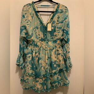 NWT Jodifl Teal and Cream Patterned Dress